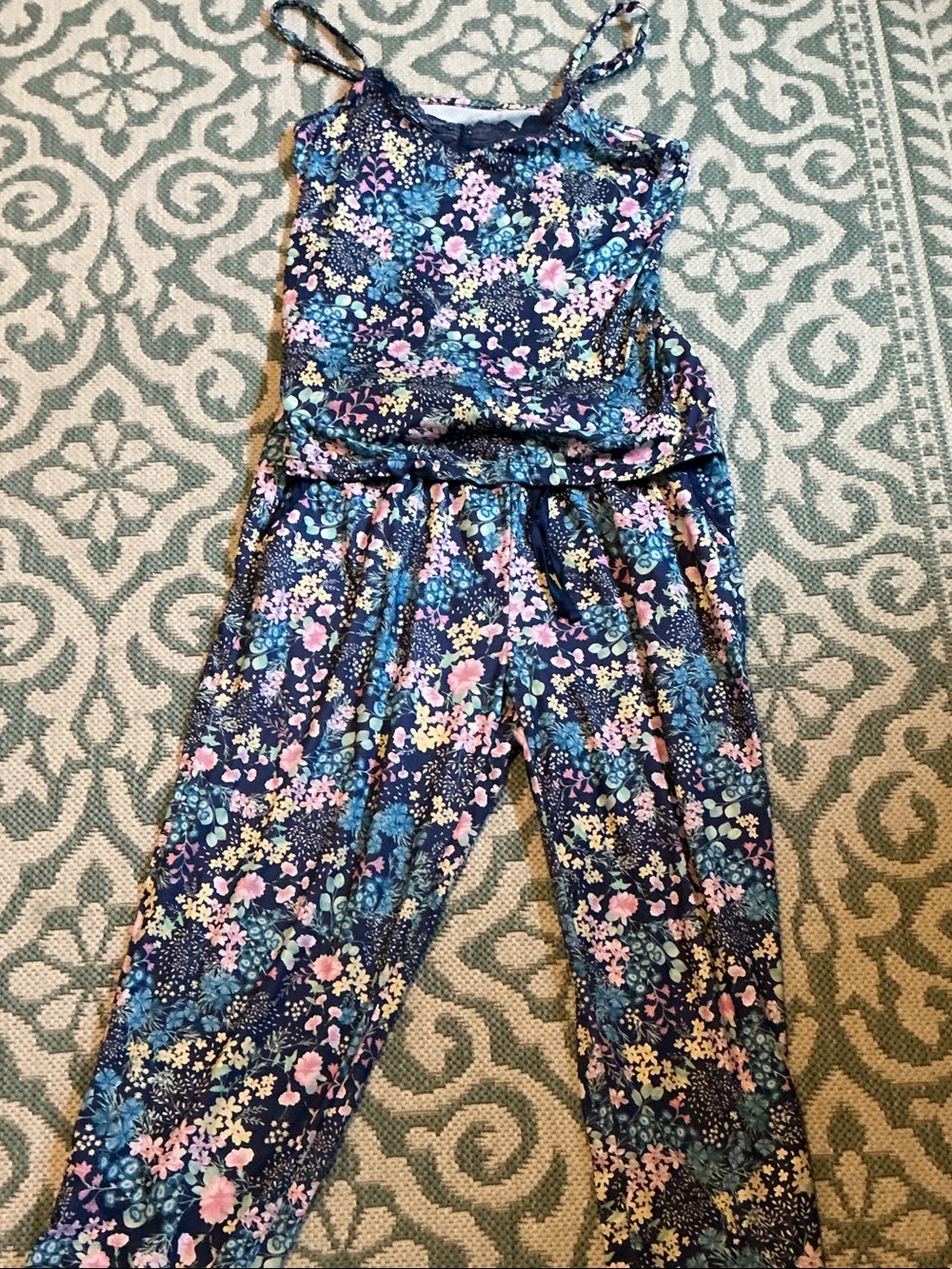 Floral Navy Jumpsuit with Pink & Blue Blooms